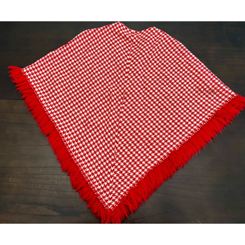 Vintage Unbranded Poncho Houndstooth Fringe Tassel Cream Red Retro Boho One Size - Picture 5 of 6